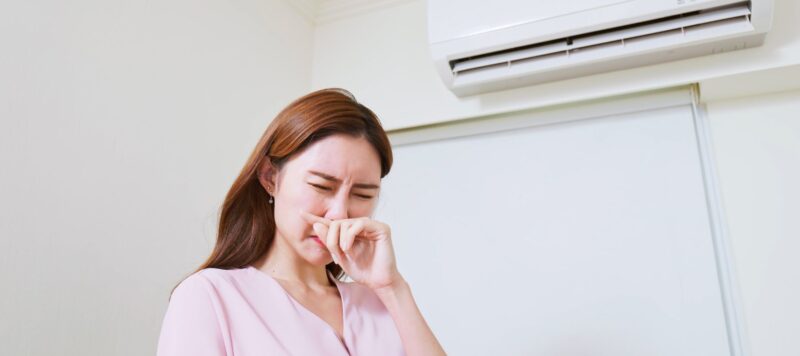 a woman with a ductless ac behind her holding her nose to block a bad smell