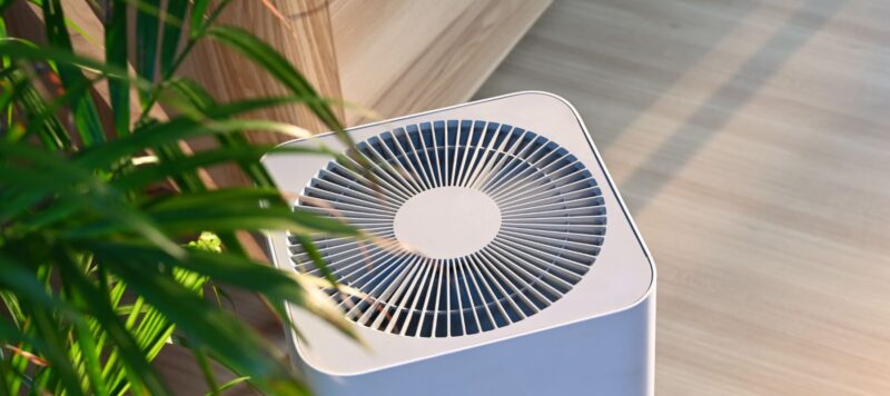 an air purifier on the floor next to a plant